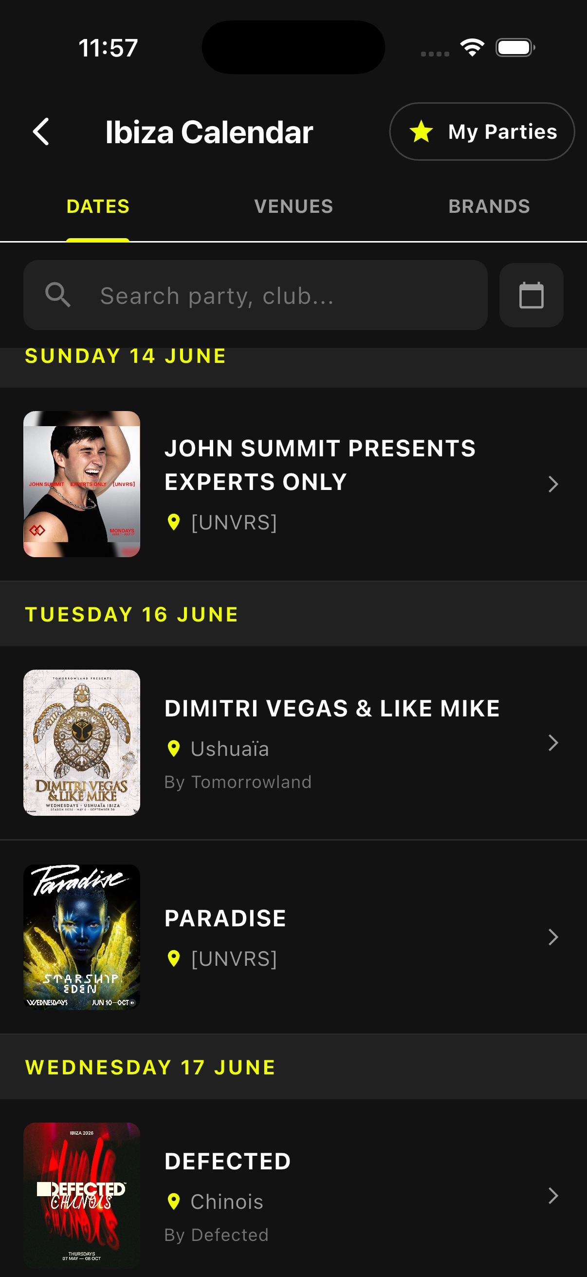 Ibiza Party Calendar App Screen